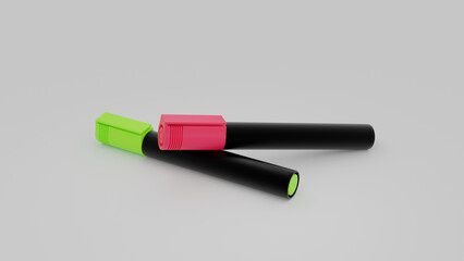Color markers on white background, 3D illustration, stationery and office supplies