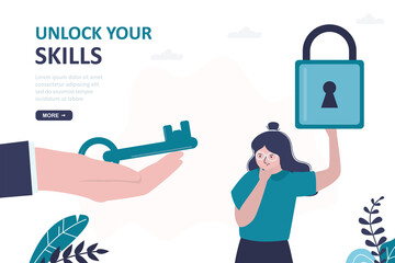 Insecure woman holding padlock. Unlock your skills. Woman thinks about her talents and opportunities. Big hand gives key. Training, development of skills. Girl student, aspiring entrepreneur.