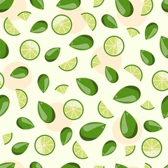 Pattern of slice of lime and mint. Vector illustration in cartoon style. Citrus fruit seamless vector pattern. Green colors. Raw, organic and vegetarian food. Patern of stylized green limes or lemon.