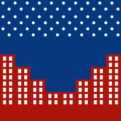 Buildings at night with stars in the sky and space background, using red, blue, and white colors that are inspired by the US  flag to celebrate Americans' 4th of July