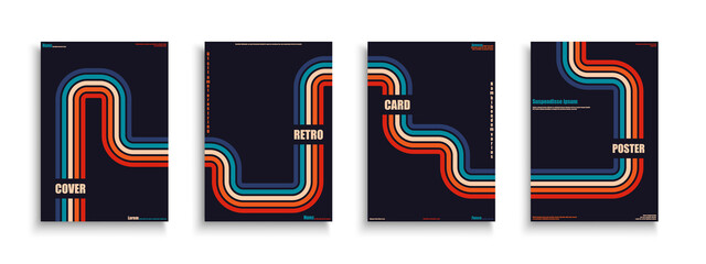 Set of retro colorful posters, templates, placards, brochures, banners, backgrounds, flyers - fashion design 80 - 90s. Trendy striped covers - vintage creative cards