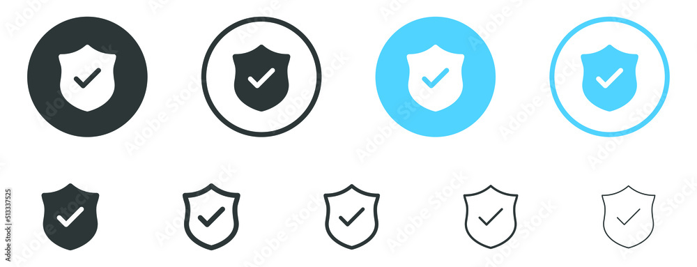 Poster shield check mark icon or security shield protection approved icon sign with tick symbol