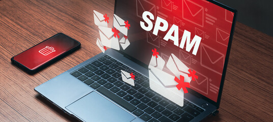 Banner of laptop with mail spam concept. Communication business technology. Protect spam mail from...