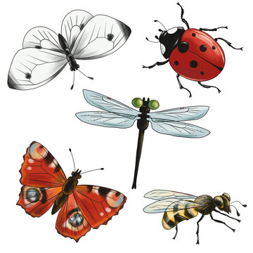 drawing insects, ladybug,dragonfly, bee and butterflies isolated at white background