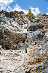 The rock is white and the view from below, the mountain landscape, the beautiful view of the mountain. Traveling through Europe in the mountains, the Christmas tree grows against the background.