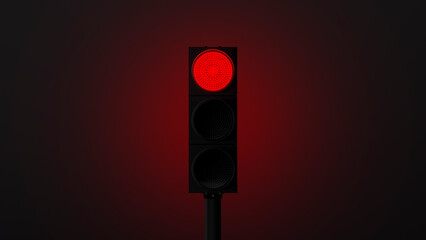 glowing red traffic light with backlight on a dark wall. Symbol of danger or expectation. template...