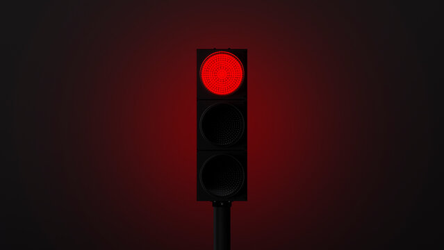 glowing red traffic light with backlight on a dark wall. Symbol of danger or expectation. template or source. 3d render