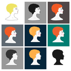 Set of vector silhouettes of beautiful female faces in profile on an isolated background. Fashion illustration.Woman with a short colored haircut . Default avatar profile icon.EPS10.