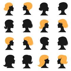 Big set silhouettes of a man and a woman in profile with different hairstyles on an isolated background.Avatar,icon,vector.Default avatar profile.EPS10.