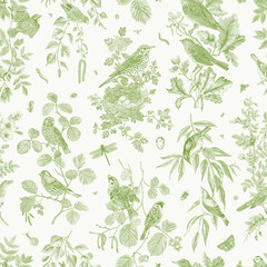 Garden Birds. Seamless pattern. Vector vintage illustration. Green and white