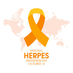 National Herpes Awareness Day vector. Orange ribbon and world map silhouette icon vector isolated on a white background. Herpes Awareness Day Poster, October 13. Important day - obrazy, fototapety, plakaty