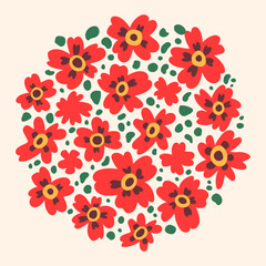 Vector round floral illustration with abstract red poppies. Circular composition. Flowers for prints, decoration and backgrounds. Surface design. Warm colors. Hand drawn flat doodle illustration 