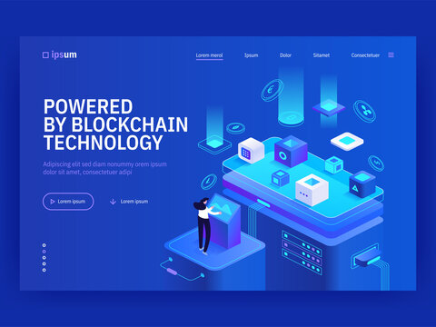 Powered by blockchain technology isometric vector image on blue background. Mining and trading cryptocurrency. Data technology finance. Web banner with copy space for text. 3d components composition