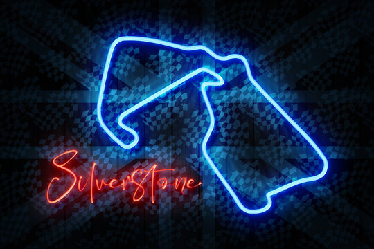 Silverstone Red and Blue Neon Sign on a Dark Checkered decorated Wooden Wall 3D illustration.
