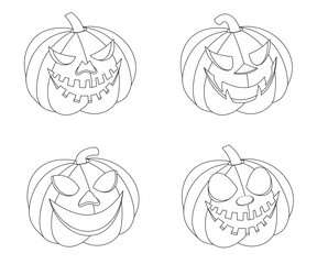 4 Halloween Pumpkins Line Art, colouring page, icon set, Vector.