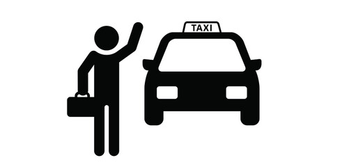 Passenger waving taxi. Stickman, stick figure wait for a taxi. Waiting for taxis or man hailing taxi. Businessman or businessmen walking towards taxi.