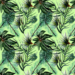 Naklejka na ściany i meble Foglie verdi tropicali su sfondo verde. Pattern senza cucitura dipinto ad acquerello