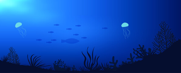 underwater ocean - landscape underwater world, scene blue nature graphic design, and Vector illustration