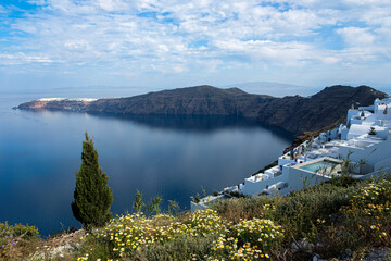 Fototapeta na wymiar Imerovigli village on Santorini island, Greece. Caldera on Aegean sea