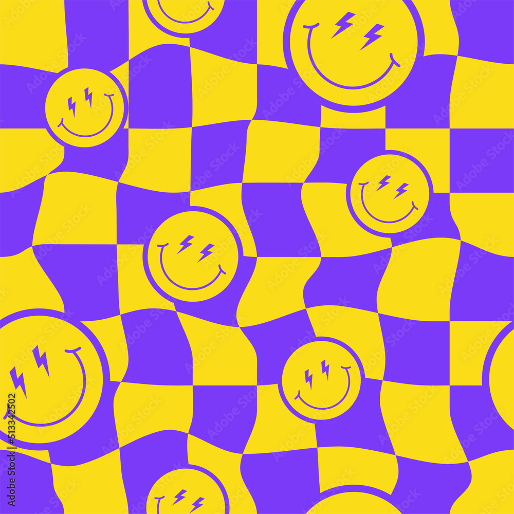 Poster Retro hippie seamless pattern with distorted checkered and smiling faces in style 70s, 80s. Trendy vector print for wrapping paper, textile, wallpaper