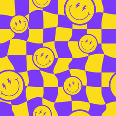 Retro hippie seamless pattern with distorted checkered and smiling faces in style 70s, 80s. Trendy vector print for wrapping paper, textile, wallpaper