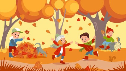 Obraz na płótnie Canvas Autumn park kids. Children outdoor activity. Boys and girls play with falling leaves. Little people in warm clothes. Forest animals and pets. October defoliation. Splendid vector concept