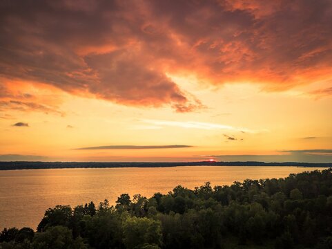 Bird's Eye View Of Beautiful Sunset On Owasco Lake In Auburn, New York