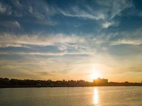 Bird's Eye View Of Beautiful Sunset On Owasco Lake In Auburn, New York