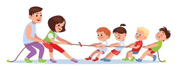 Children play tug of war with adults. Family pulls rope. Competitive game. Kids gaming sports and activities. Strength contest. Teenagers and parents tournament. Splendid vector concept - obrazy, fototapety, plakaty