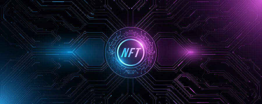 NFT nonfungible tokens banner. Glowing blue and purple HUD elements with computer circuit board. DeFi concept. Futuristic hi-tech background. Modern technology