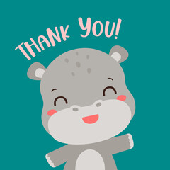 Thank you card template for kids party with hippopotamus cute animal.