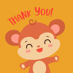 Thank you card template for kids party with litttle monkey cute animal.