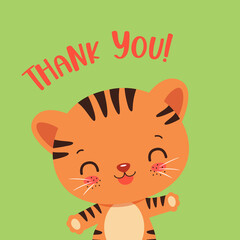 Thank you card template for kids party with tiger cub cute animal.
