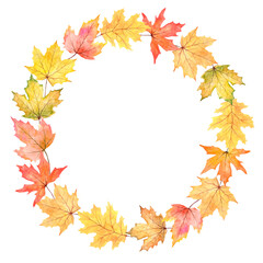 Naklejka na ściany i meble Colorful watercolor fall leaves wreath illustration isolated on white background. Holiday autumn design for poster, print, greeting card, invitation