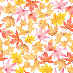 Colorful watercolor fall leaves seamless pattern on white background. Holiday design for autumn decor, fabric, textile, wallpaper, wrapping paper