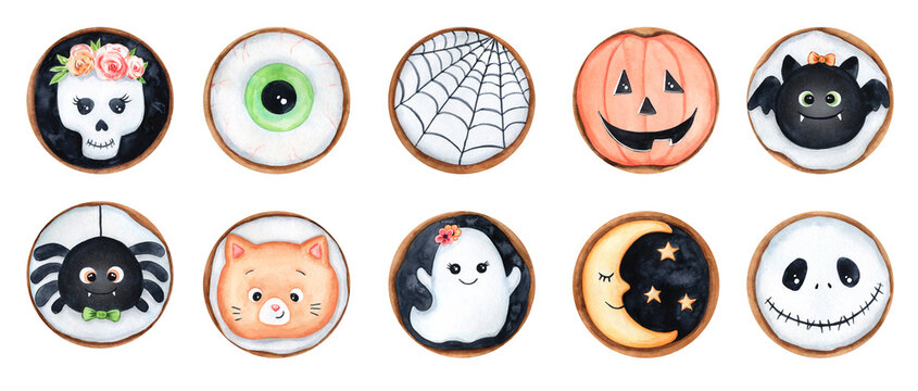 Watercolor Halloween cookies illustration isolated on white background. Cute biscuit spooky cakes clipart set. Kid funny design. For posters, prints, cards, invitations
