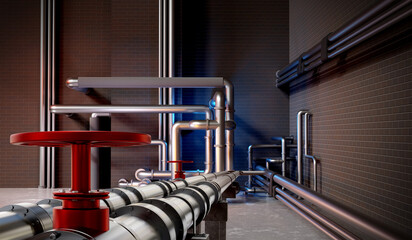 Pipeline on background of wall. Gray pipes with red valves. Chemical industry. Brick wall of production hall. Visualization of interior of chemical factory. Steel pipeline. 3d rendering.