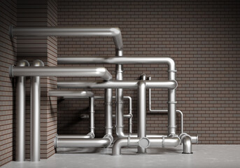 Pipes plumbing. Engineering background visualization. Boiler room background. Metal tangled plumbing. Steel pipes plumbing. Pipes near brick walls. Engineering communications in boiler room. 3d image