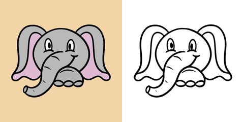 Horizontal set of illustrations for coloring books, Cute elephant smiles, cartoon style, vector