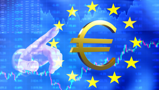European financial market. European union flag with money symbol. Concept investment in euro area. Hand with investment chart. Symbol economy of European Union. Investment in EU companies. 3d image