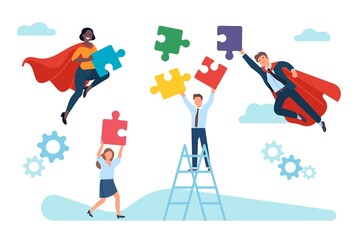 Superheroes helps business people solving problems. Office workers and heroes join puzzle. Teamwork and leadership. Work success. Employees group connect riddle pieces. Vector concept © VectorBum