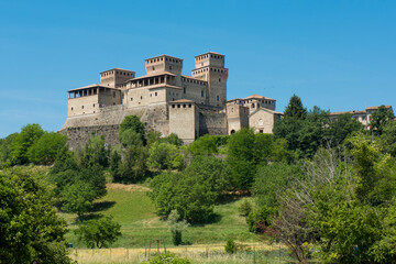 Fototapeta na wymiar Exterior views of Torrechiara Castle, a 15th-century castle near Langhirano, in the province of Parma, northern Italy.