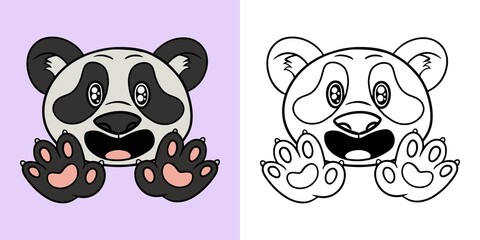 Horizontal set of illustrations for coloring books, panda admires, cute fluffy pandas in cartoon style, vector