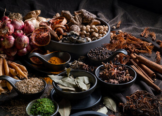 Various Thai and Chinese herbs in ceramic bowl on a dark background. Herbal and Spices Oriental marketplace.