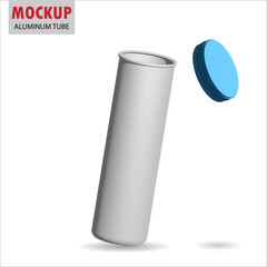 Round white glossy aluminum tube with cap for effervescent or carbon tablets, pills, vitamins. Photo-realistic packaging mockup template with sample design. 3d  illustration.