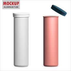 Round white glossy aluminum tube with cap for effervescent or carbon tablets, pills, vitamins. Photo-realistic packaging mockup template with sample design. 3d  illustration.