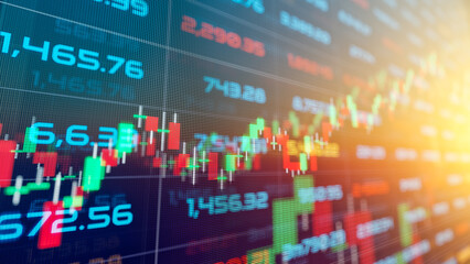 Fototapeta premium Financial stock market chart and LED Display background. Technology business finance and investment concept, funds stock market and digital assets. Business finance background. 3D rendering.