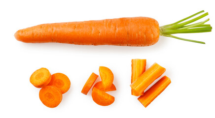 Carrots and sliced pieces on a white background. Top view set. - obrazy, fototapety, plakaty