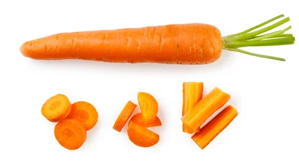 Fotobehang Carrots and sliced pieces on a white background. Top view set. © innafoto2017