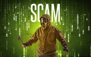Faceless hacker with inscription concept